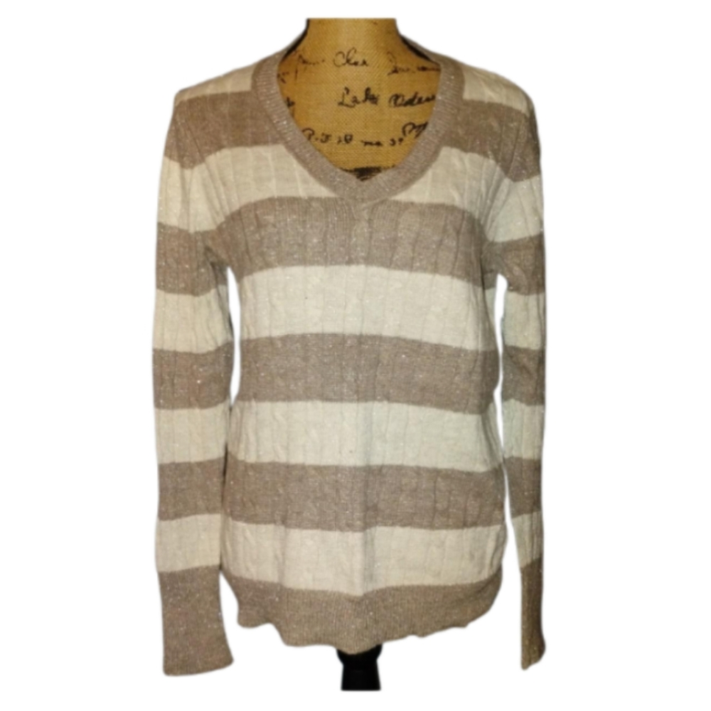 Ann Taylor Loft Striped Lurex V-Neck Cozy Cable Sweater Large